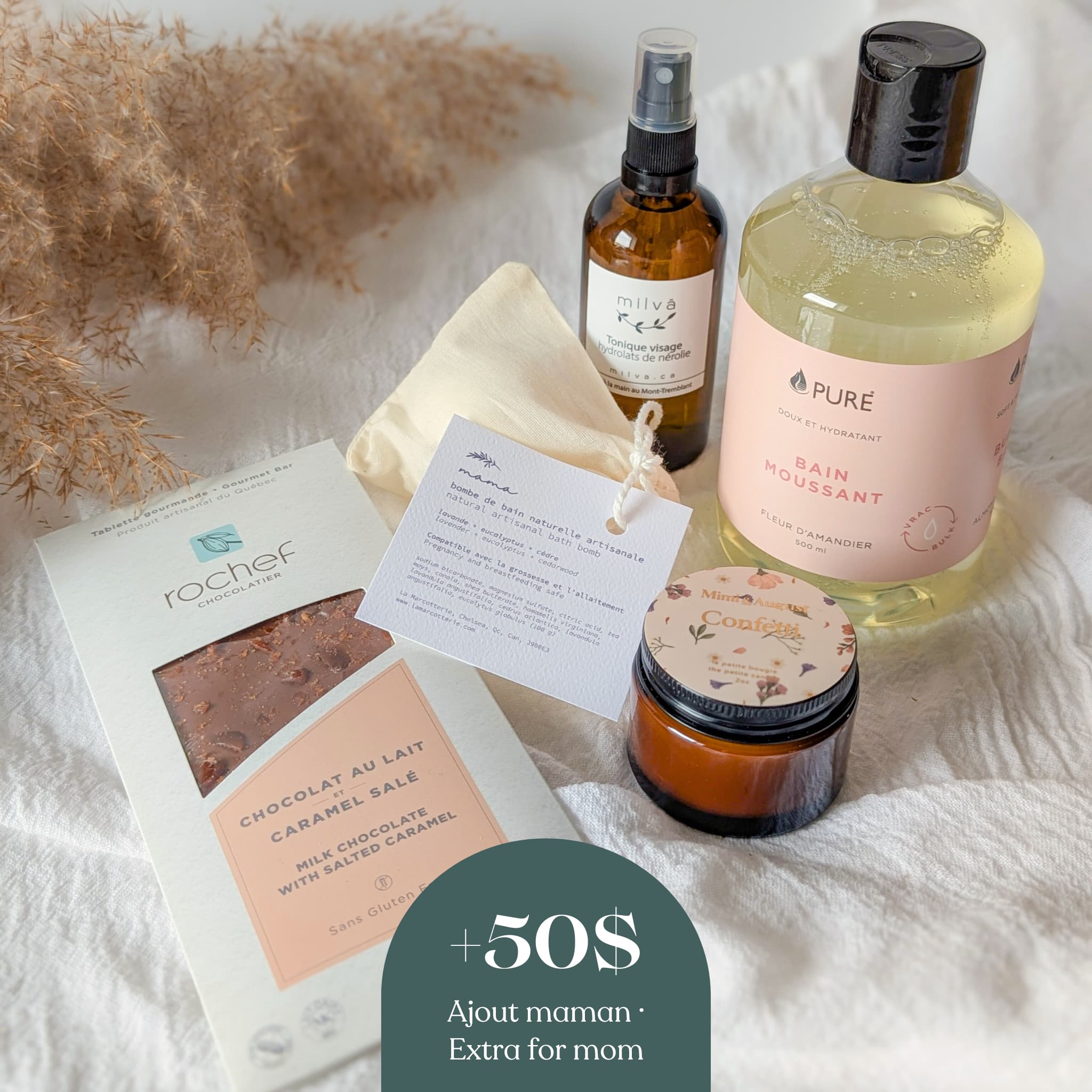 Ajout nouvelle maman pour boîte naissance avec chocolat caramel, bain moussant et soins québécois